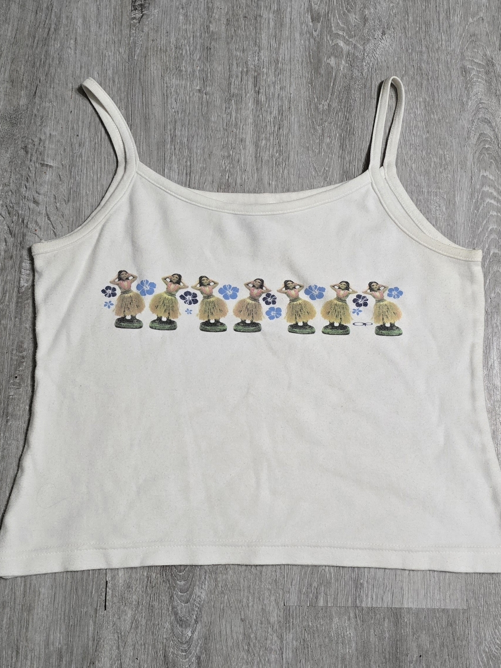 Vintage Y2K Ocean Pacific OP Hawaiian Hula Dancer Graphic White Baby Tank Top